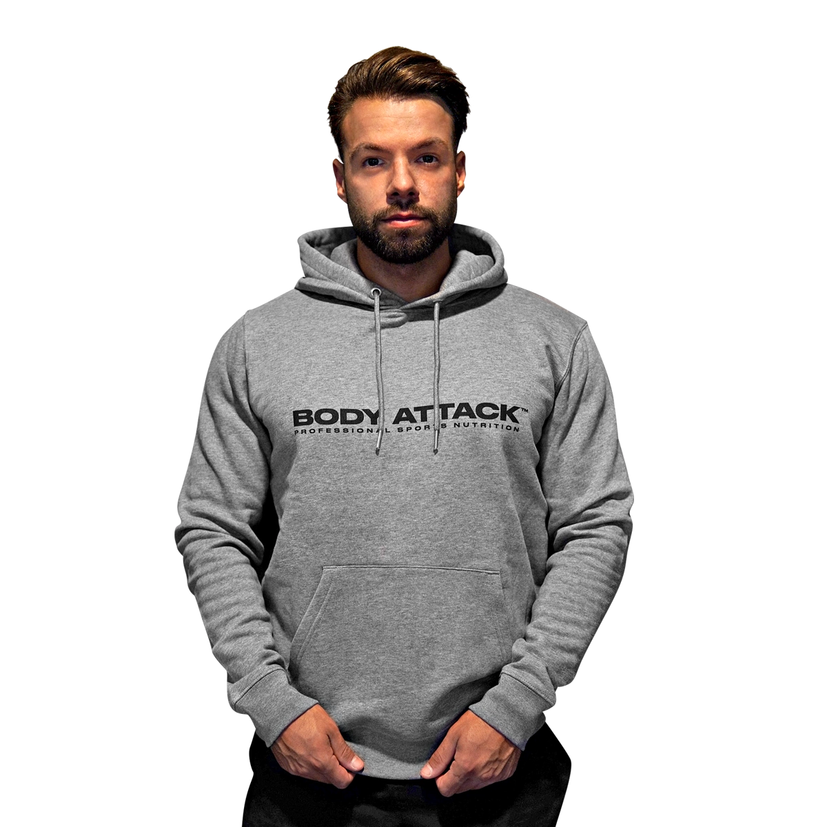 Ein Mann trägt einen grauen Body Attack Hoodie